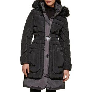Guess Black Midweight Belted Puffer Jacket With Removable Fur Trim Size M